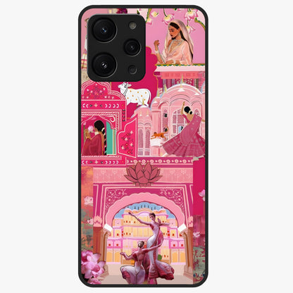 Pink Palace Muse Glass Case showing flat back view with elegant palace inspired artwork and glossy glass finish.