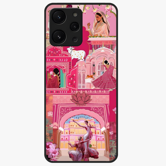 Pink Palace Muse Glass Case showing flat back view with elegant palace inspired artwork and glossy glass finish.