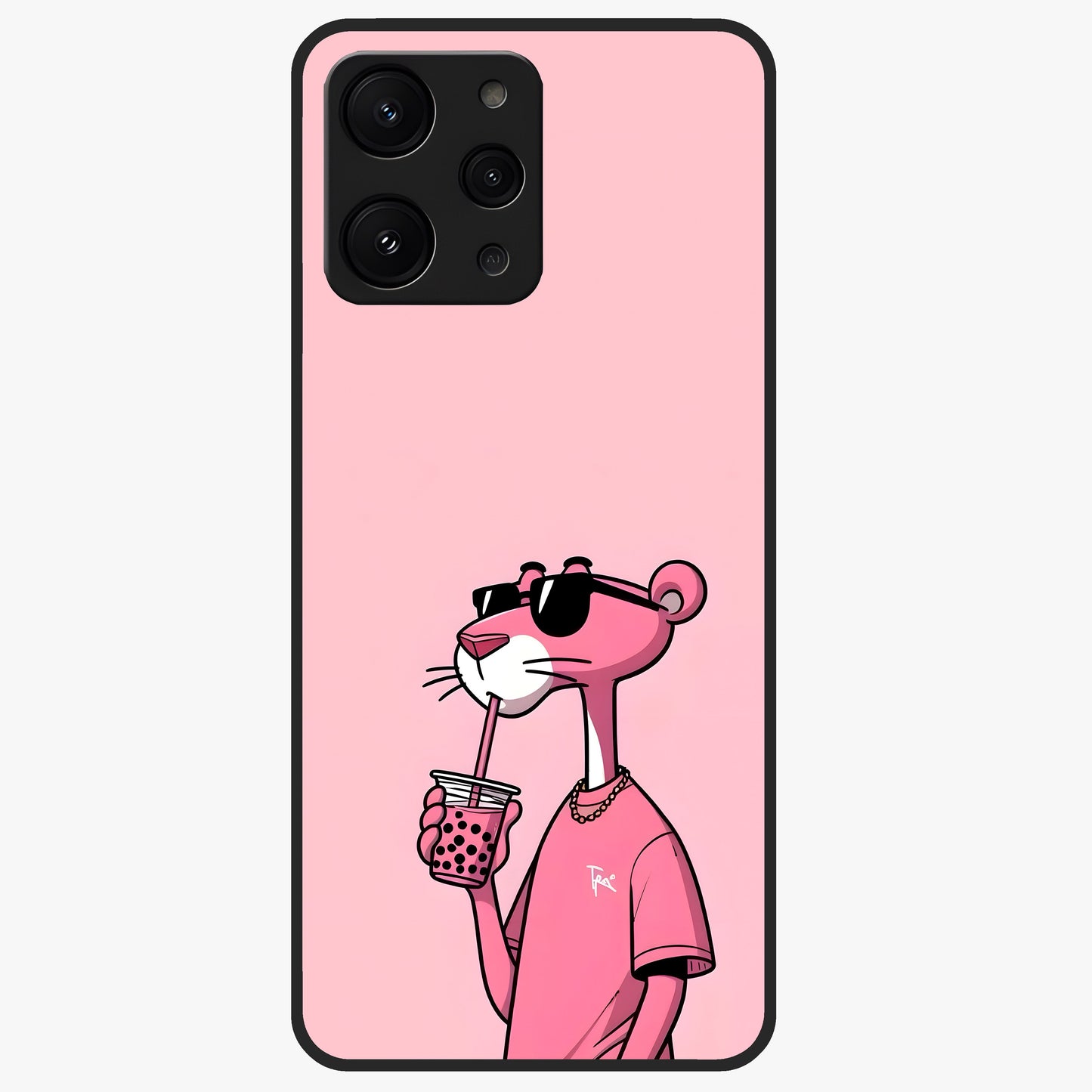 Pink Panther Glass Case showing flat back view with iconic pink panther artwork and glossy glass finish.