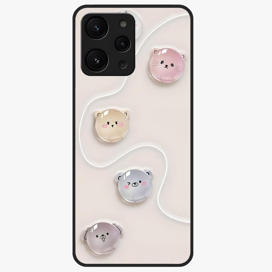 Puffy Face Parade Glass Case showing flat back view with cute puffy character faces artwork and glossy glass finish.