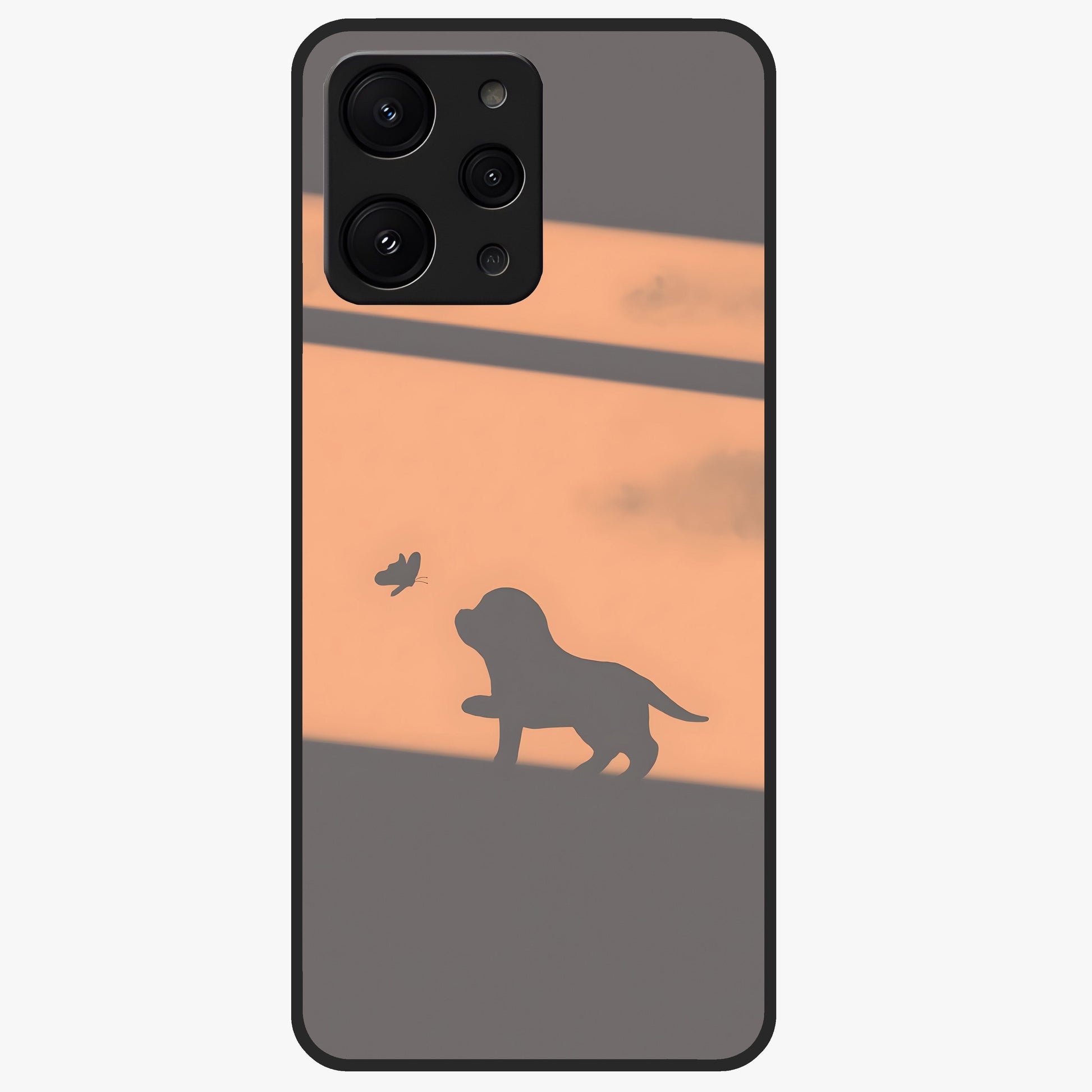 Puppy Shadow Art Glass Case showing flat back view with cute puppy shadow style artwork and glossy glass finish.
