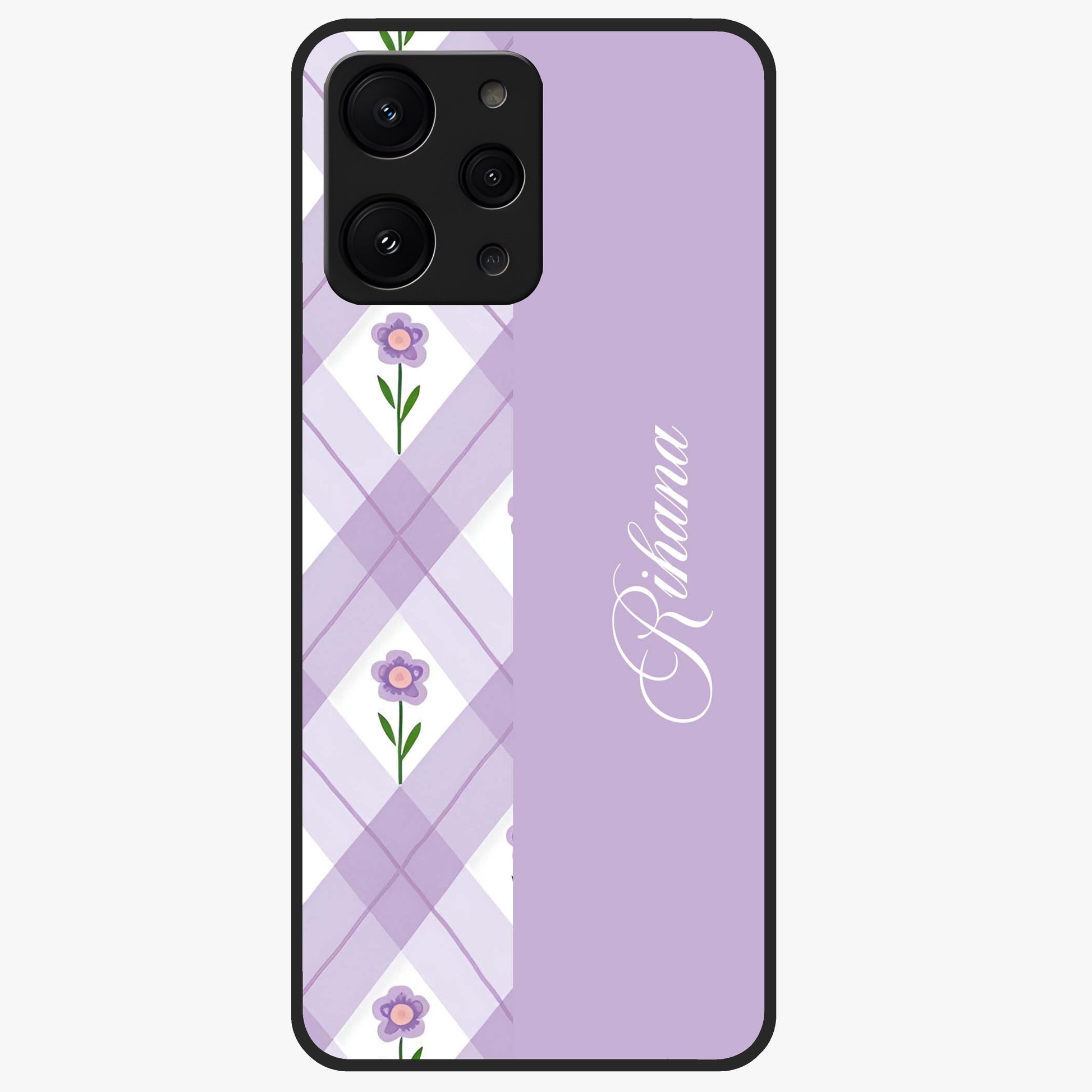Purple Diamond Floral Glass Case showing flat back view with diamond shaped floral artwork and glossy glass finish.