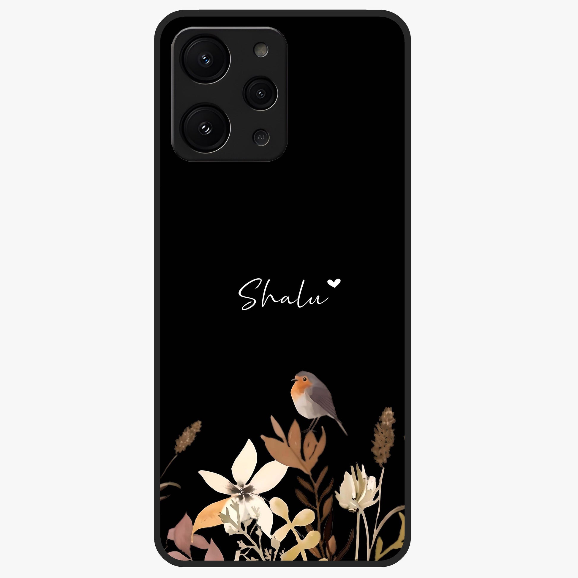 Quiet Garden Tune Custom Name Glass Case showing flat back view with peaceful garden artwork and personalized name design.