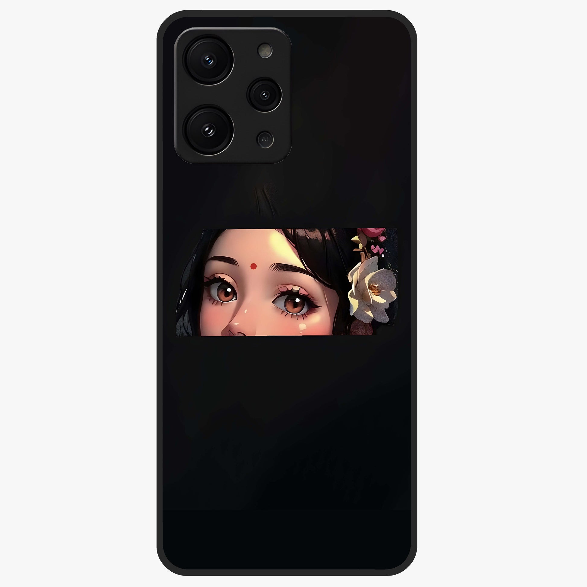 Radha Divine Embrace Glass Case showing flat back view with devotional Radha artwork and glossy glass finish.