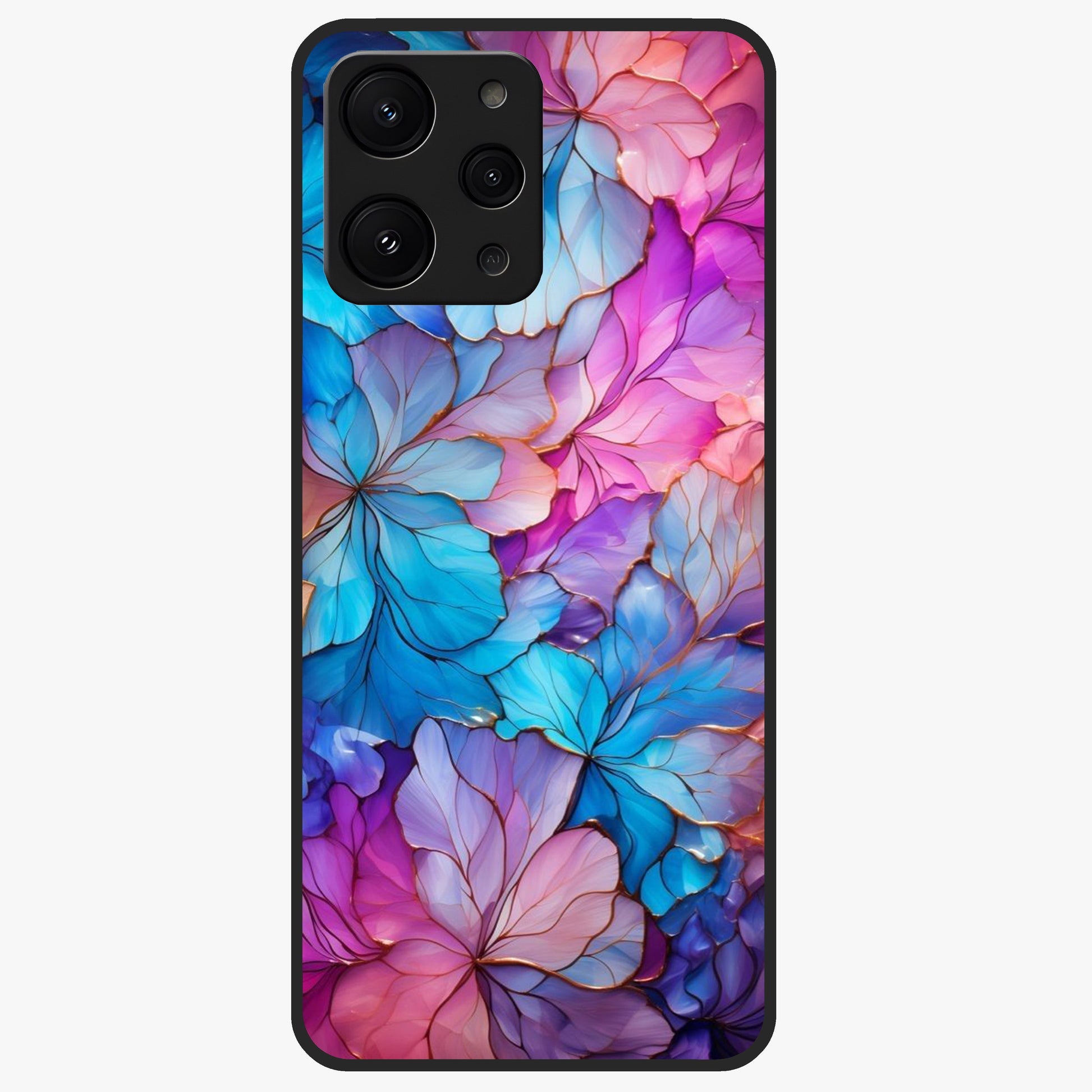 Radiant Floral Whirl Glass Case showing flat back view with swirling floral artwork and glossy glass finish.