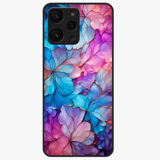 Radiant Floral Whirl Glass Case showing flat back view with swirling floral artwork and glossy glass finish.