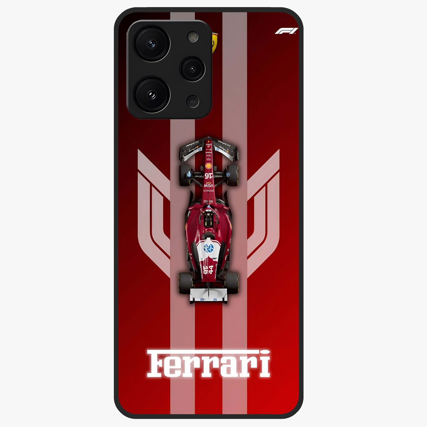 Red Ferrari F1 Vertical Glass Case showing flat back view with sleek Formula racing car artwork and glossy glass finish.