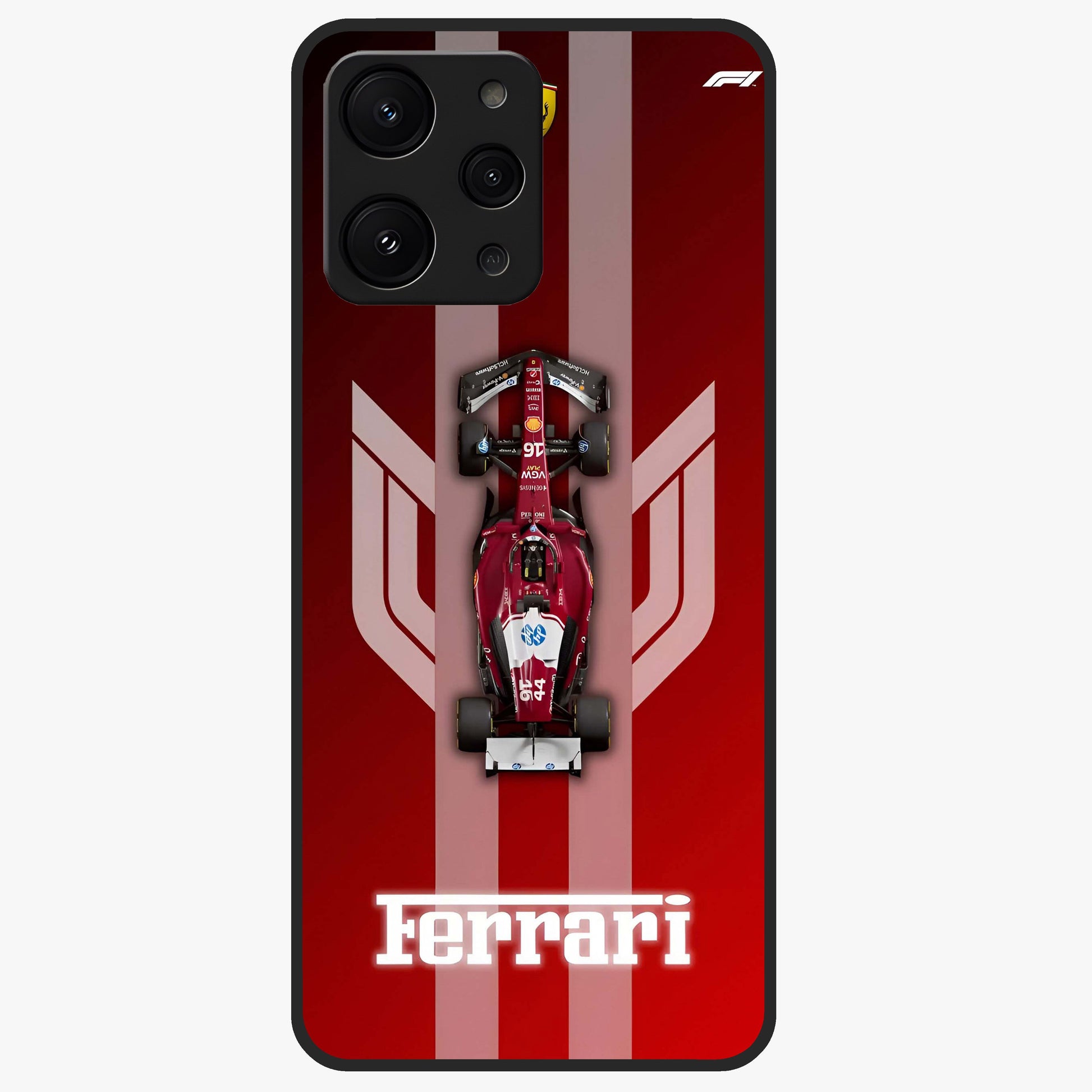 Red Ferrari F1 Vertical Glass Case showing flat back view with sleek Formula racing car artwork and glossy glass finish.