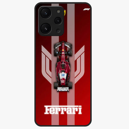 Red Ferrari F1 Vertical Glass Case showing flat back view with sleek Formula racing car artwork and glossy glass finish.