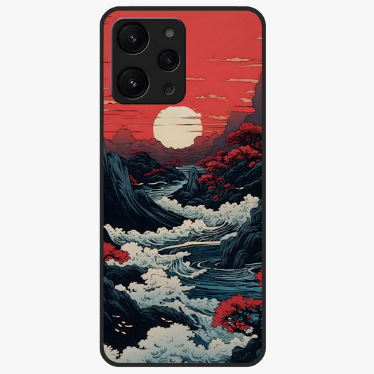 Red Sunset Scenery Glass Case showing flat back view with vibrant sunset landscape artwork and glossy glass finish.