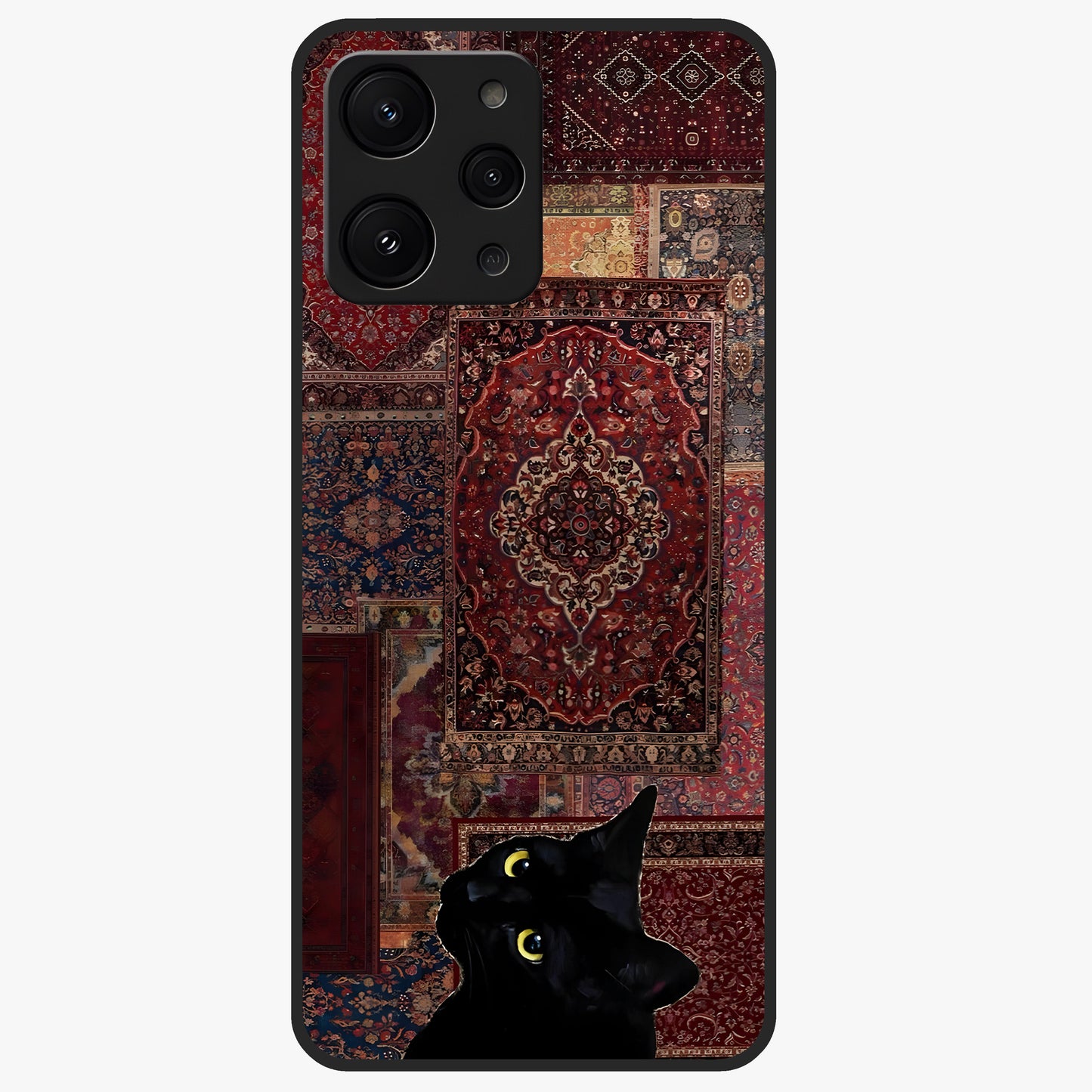 Regal Magic Cat Apple Glass Case showing flat back view with magical cat artwork holding apple and glossy glass finish.