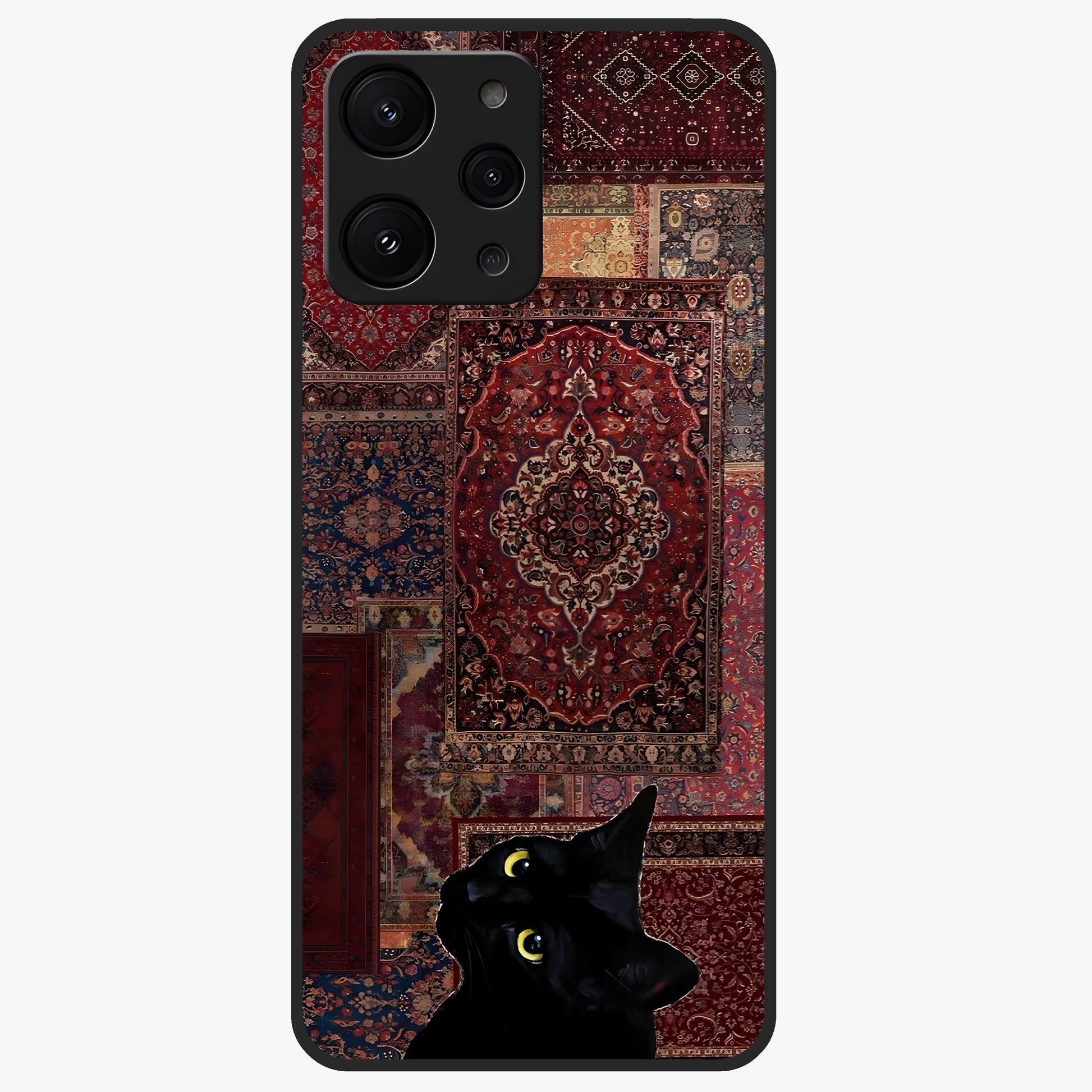 Regal Magic Cat Apple Glass Case showing flat back view with magical cat artwork holding apple and glossy glass finish.