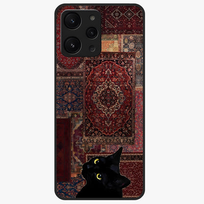 Regal Magic Cat Apple Glass Case showing flat back view with magical cat artwork holding apple and glossy glass finish.