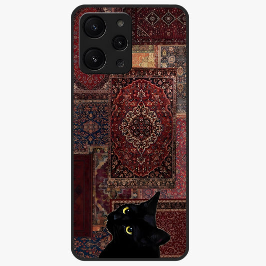Regal Magic Cat Apple Glass Case showing flat back view with magical cat artwork holding apple and glossy glass finish.