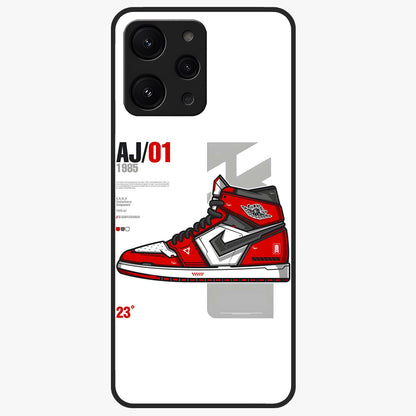 Retro Sneaker Blueprint Glass Case showing flat back view with sneaker blueprint style artwork and glossy glass finish.