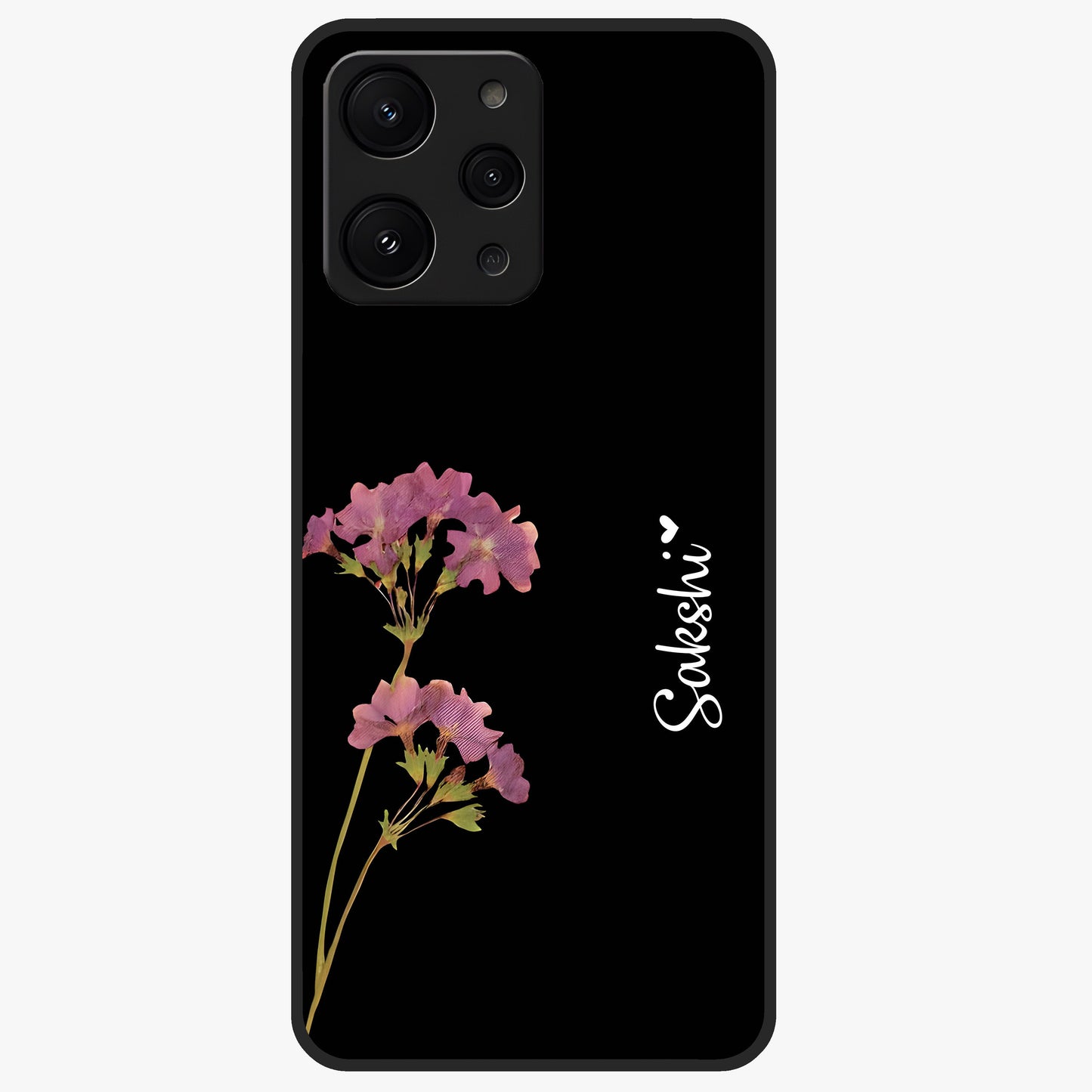 Riching Lavender Flower Custom Name Glass Case showing flat back view with lavender floral artwork and personalized name design.