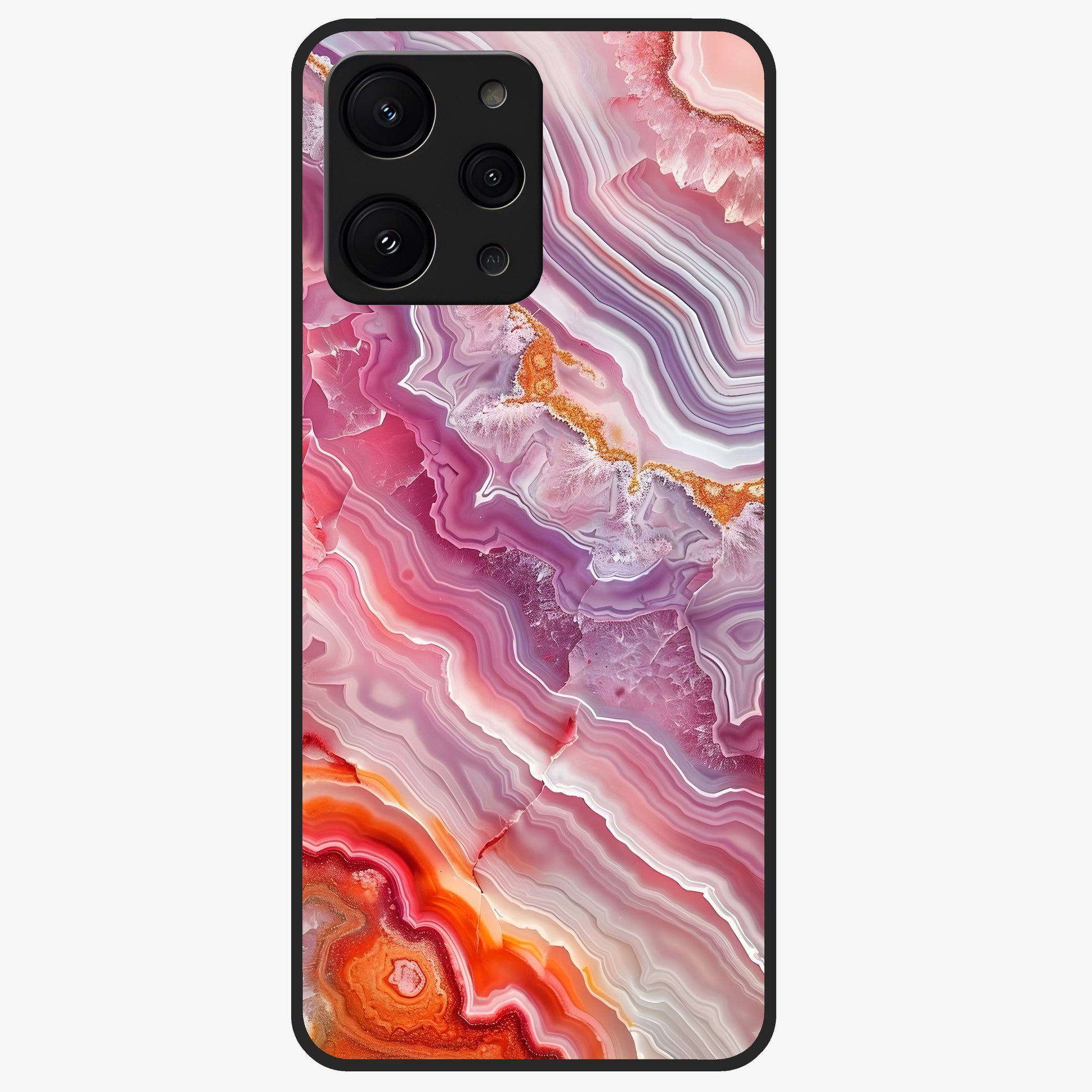 Rose Quartz Marble Glass Case showing flat back view with pink marble quartz texture artwork and glossy glass finish.