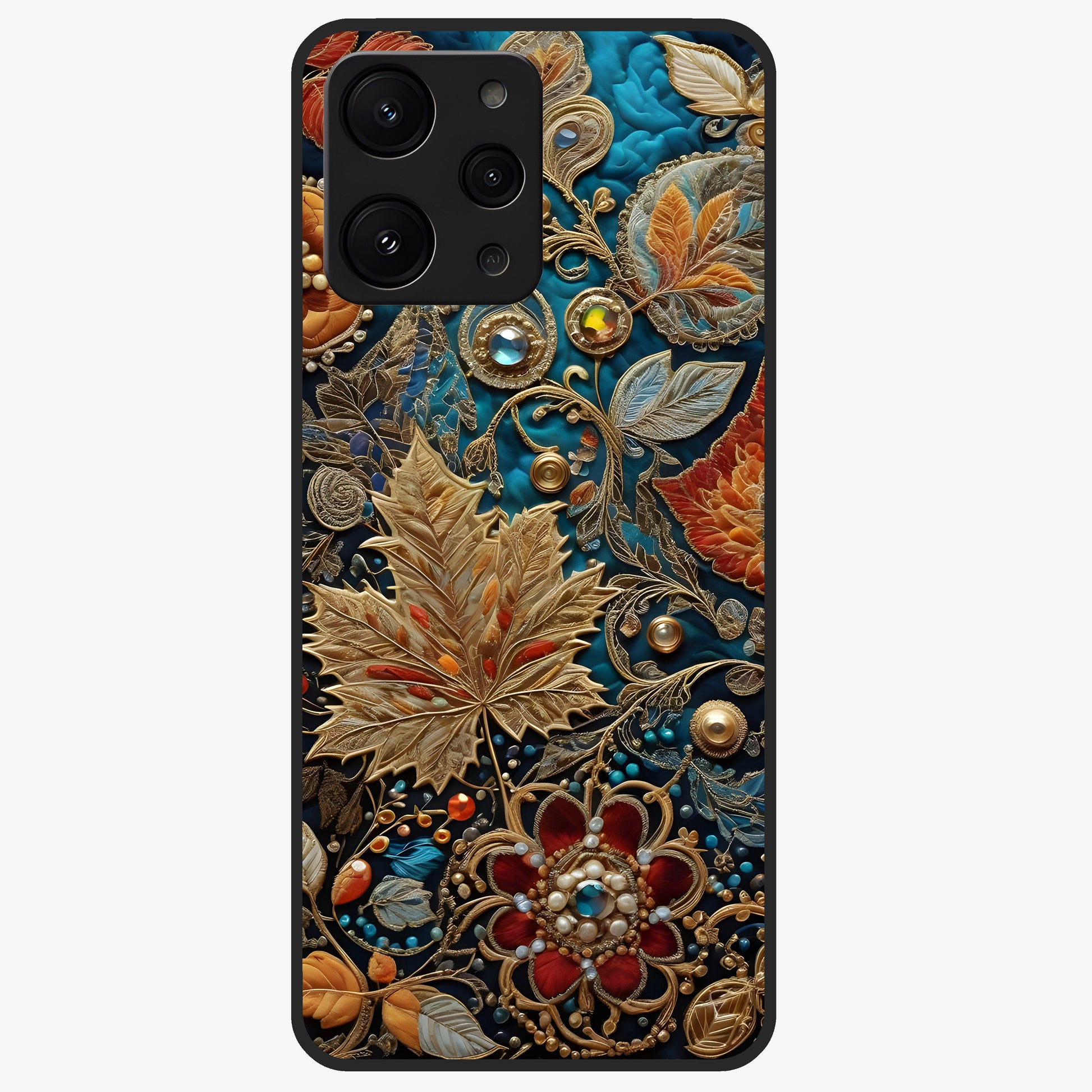Royal Jewel Garden Glass Case showing flat back view with decorative floral garden artwork and glossy glass finish.