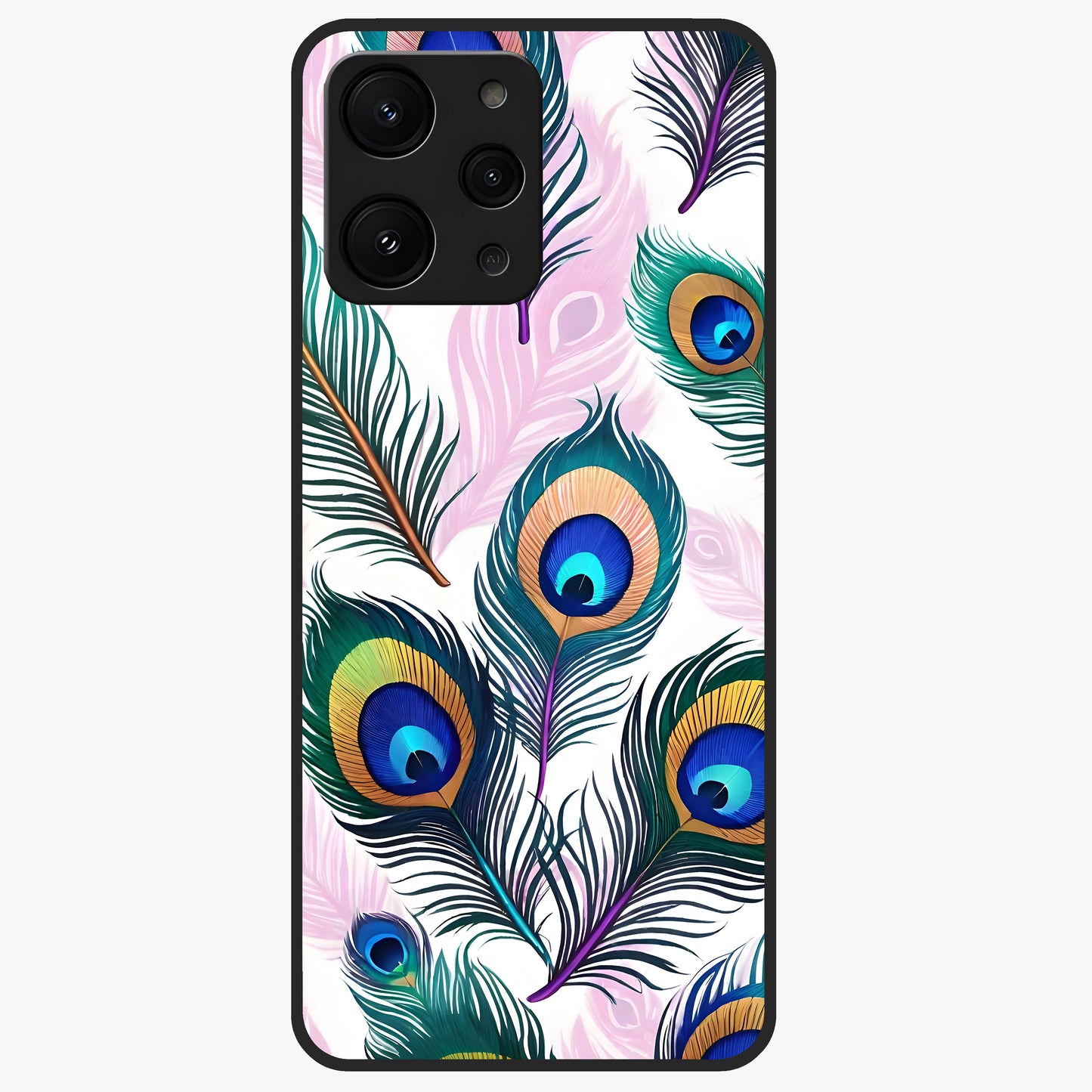Royal Peacock Feathers Glass Case showing flat back view with colorful peacock feather artwork and glossy glass finish.