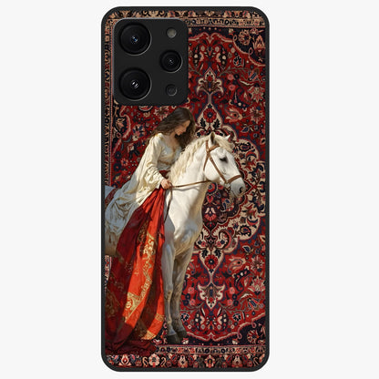 Royal Rider Tapestry Glass Case showing flat back view with majestic horse rider tapestry artwork and glossy glass finish.