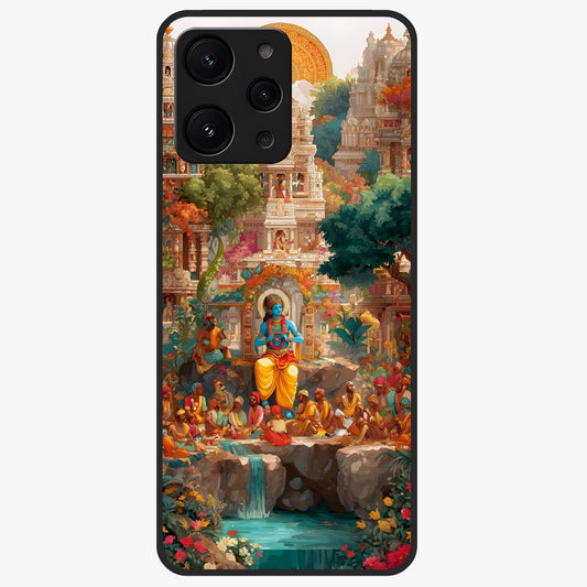 Sacred Sunlight Gods Glass Case showing flat back view with divine sunlight themed artwork and glossy glass finish.