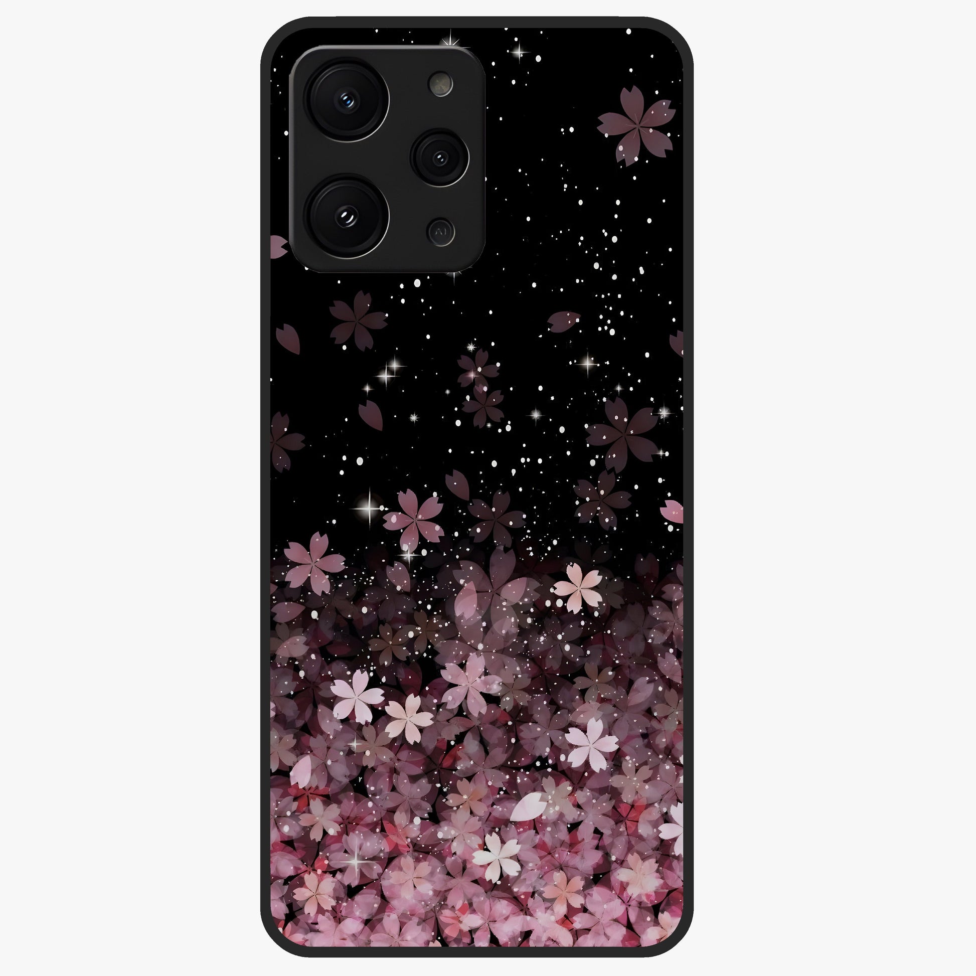 Small Starry Flowers Glass Case showing flat back view with delicate starry floral artwork and glossy glass finish.