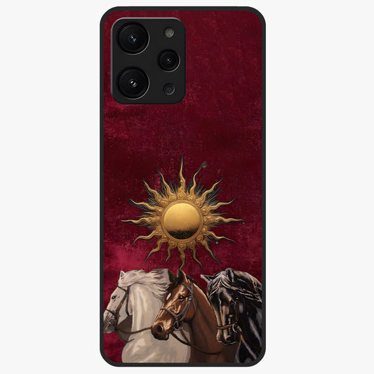Solar Riders Glass Case showing flat back view with dynamic rider themed artwork and glossy glass finish.