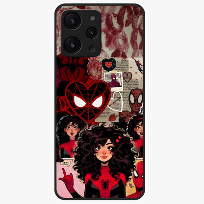 Spider Love Story Glass Case showing flat back view with romantic superhero themed artwork and glossy glass finish.