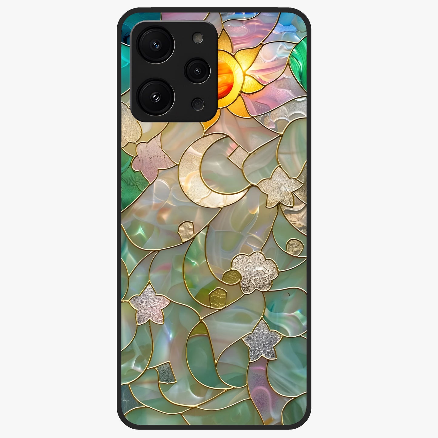 Stained Sunrise Glow Glass Case showing flat back view with glowing sunrise stained pattern artwork and glossy glass finish.