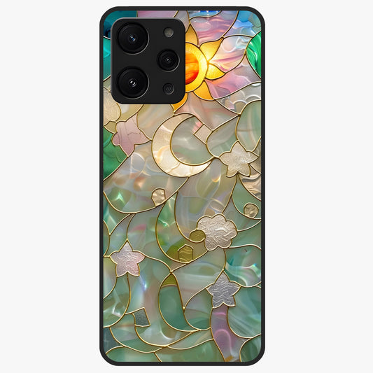 Stained Sunrise Glow Glass Case showing flat back view with glowing sunrise stained pattern artwork and glossy glass finish.