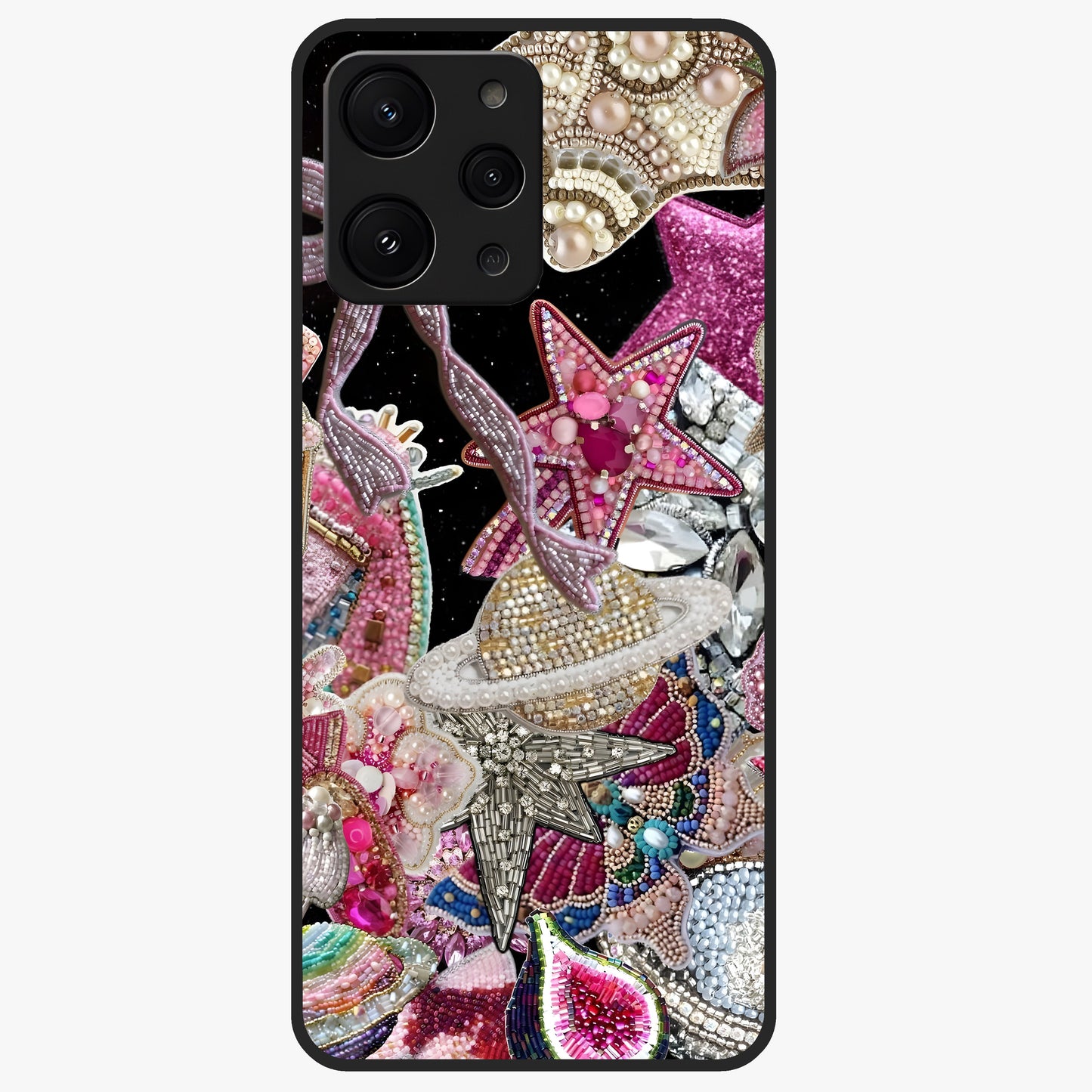 Starlit Jewel Dream Glass Case showing flat back view with sparkling jewel and star themed artwork and glossy glass finish.