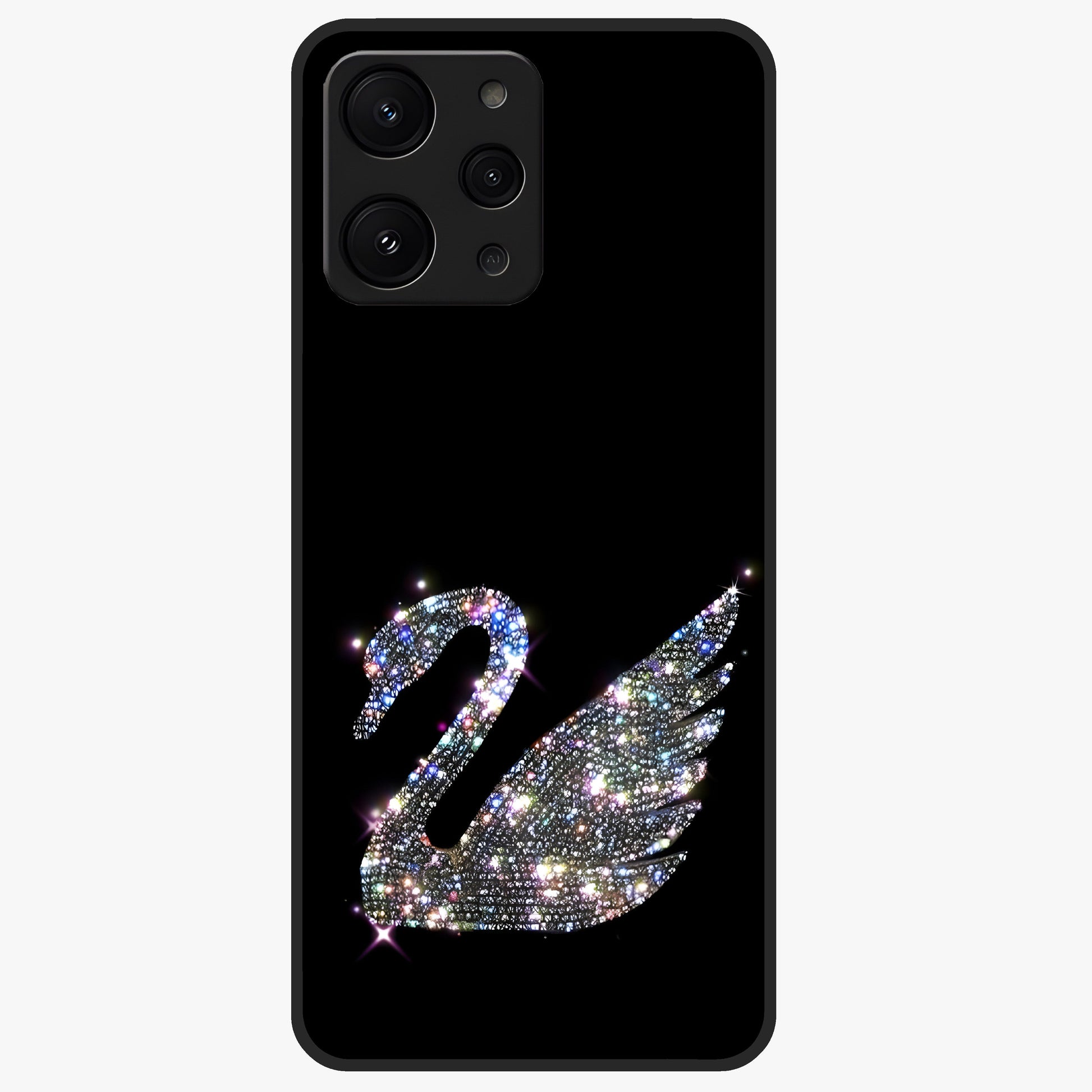 Starlit Swan Grace Glass Case showing flat back view with graceful swan artwork under starry sky and glossy glass finish.