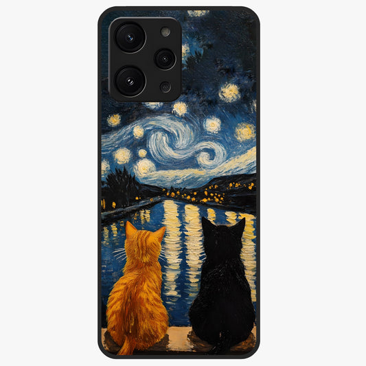 Starry River Cats Glass Case showing flat back view with cats by a starry river artwork and glossy glass finish.