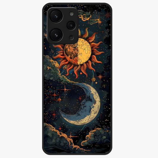 Sun And Moon Magic Design Glass Case showing flat back view with mystical sun and moon artwork and glossy glass finish.