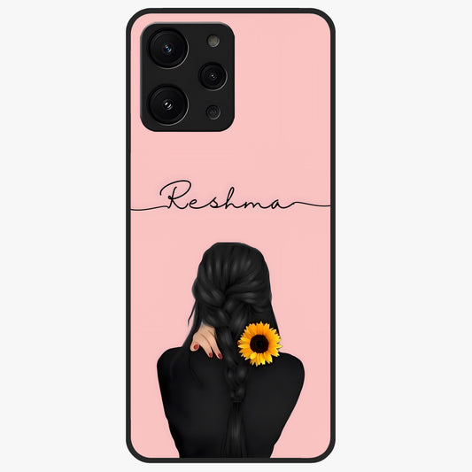 Sunflower Braid Beauty With Custom Name Glass Case showing flat back view with sunflower braid artwork and personalized name design.