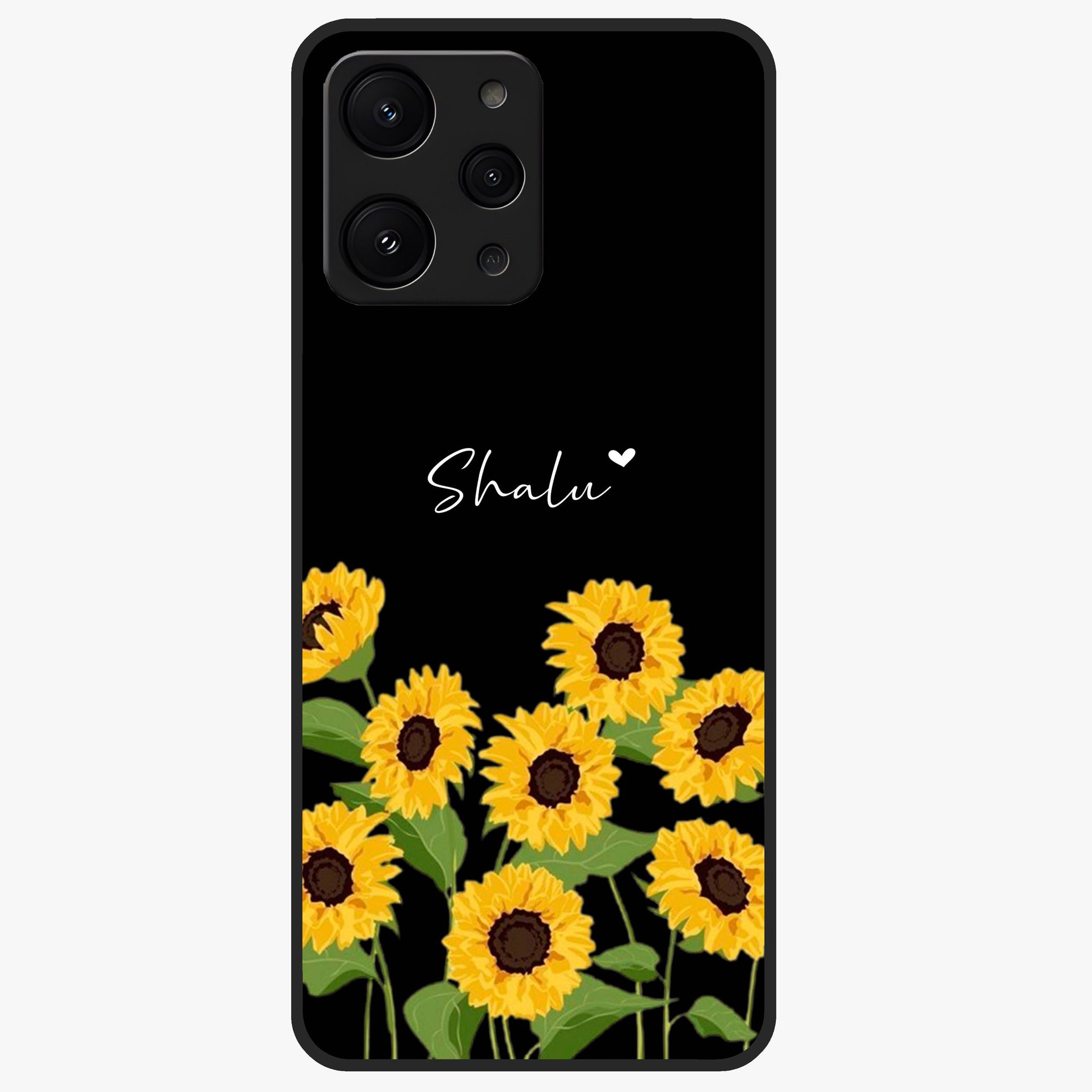 Sunflower Chic Mood Custom Name Glass Case showing flat back view with stylish sunflower artwork and personalized name design.