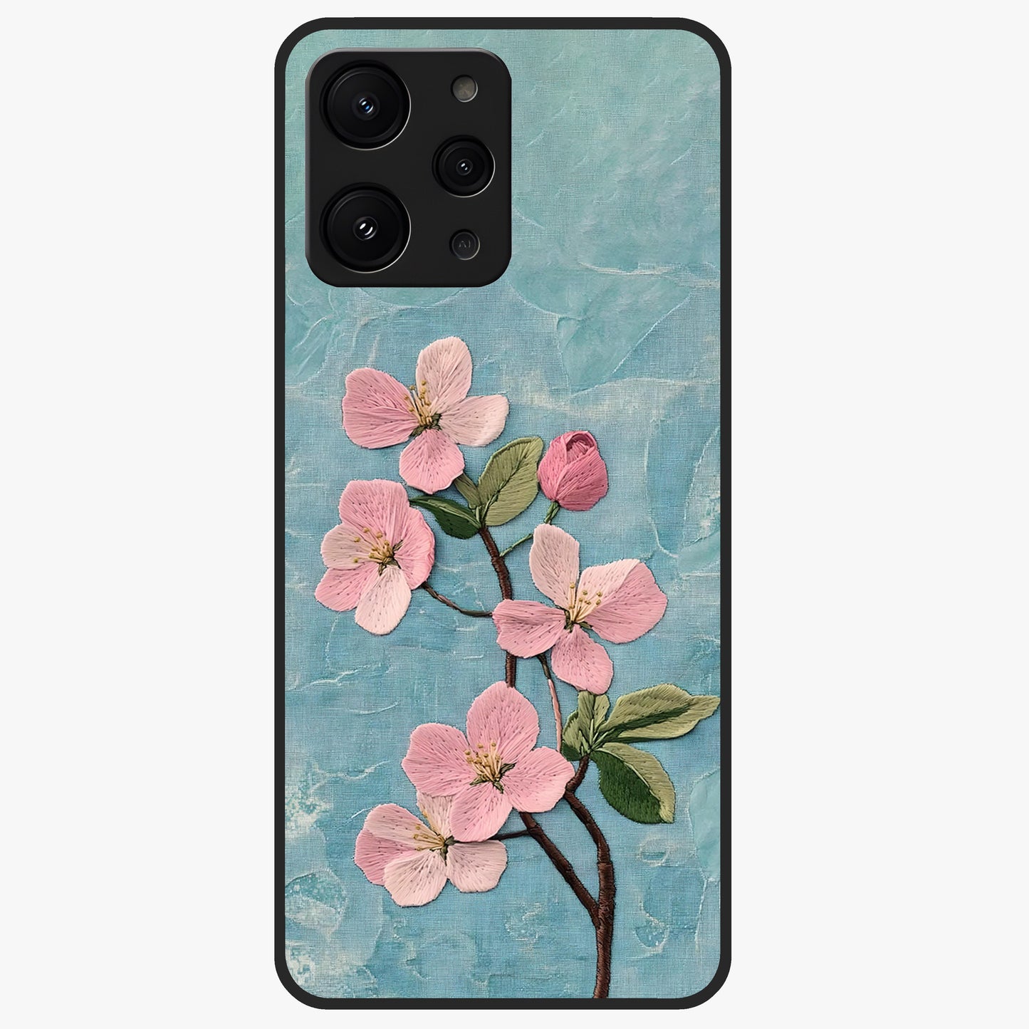 Threaded Blossom Breeze Glass Case showing flat back view with delicate blossom artwork and glossy glass finish.