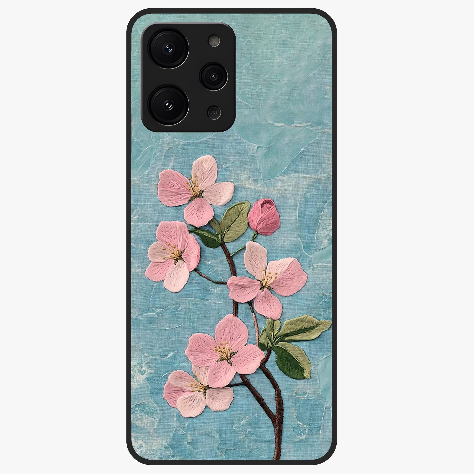 Threaded Blossom Breeze Glass Case showing flat back view with delicate blossom artwork and glossy glass finish.