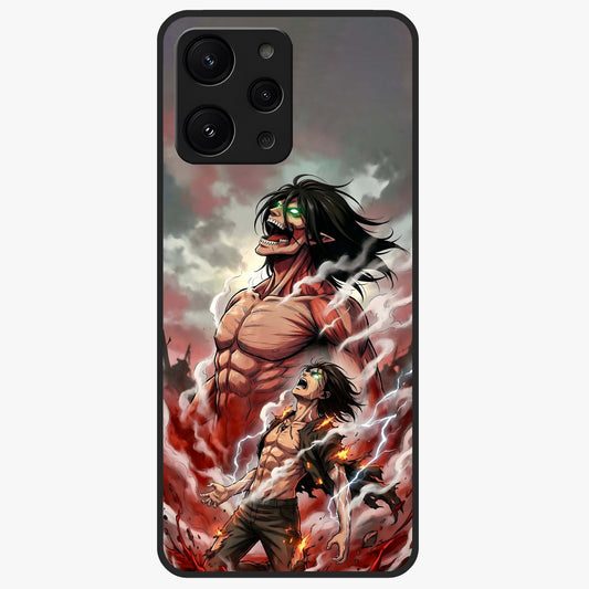 Titan Awakening Fury Glass Case showing flat back view with powerful titan inspired artwork and glossy glass finish.