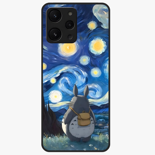 Totoro In Van Gogh Art Glass Case showing flat back view with whimsical character artwork inspired by Van Gogh style and glossy glass finish.
