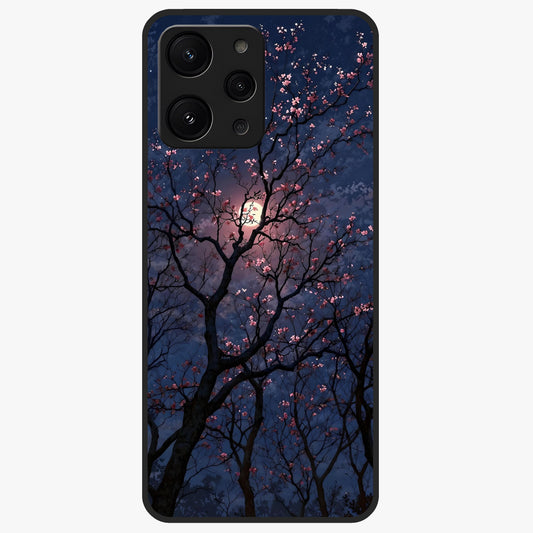 Twilight Sakura Serenade Glass Case showing flat back view with cherry blossom artwork at twilight and glossy glass finish.