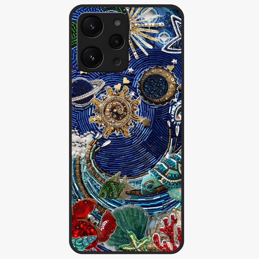 Universe Underwater Spark Glass Case showing flat back view with cosmic underwater themed artwork and glossy glass finish.