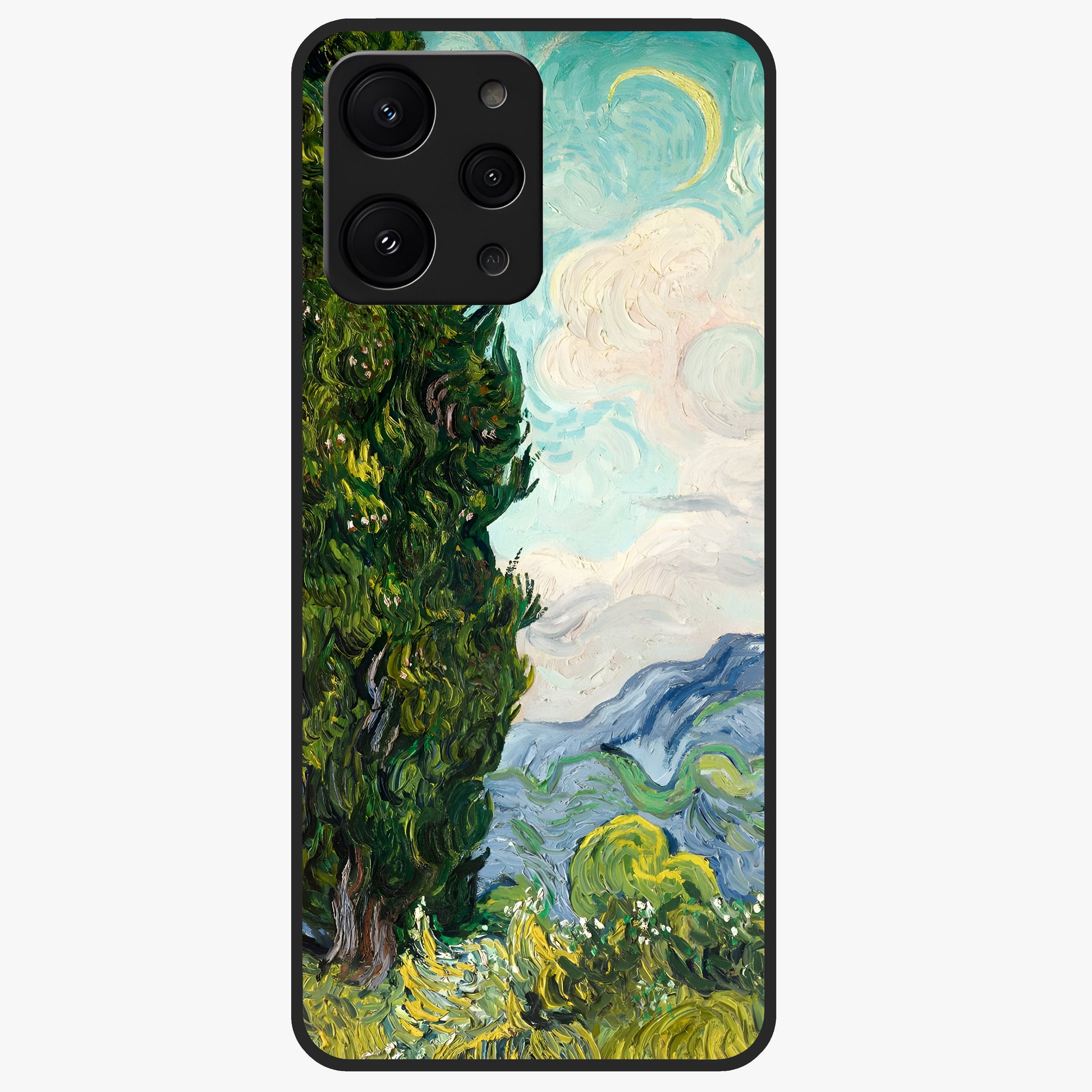 Van Gogh Vintage Art Glass Case showing flat back view with vintage painterly artwork inspired by Van Gogh style and glossy glass finish.