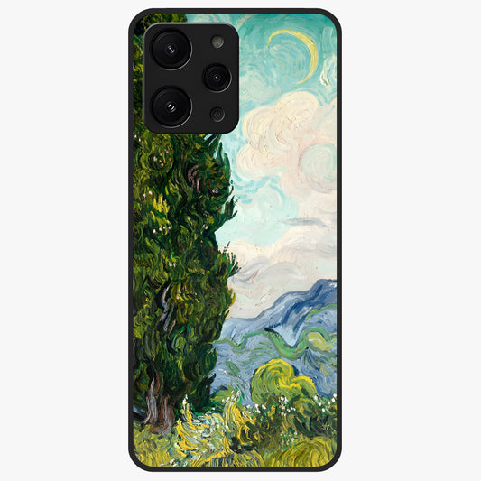 Van Gogh Vintage Art Glass Case showing flat back view with vintage painterly artwork inspired by Van Gogh style and glossy glass finish.