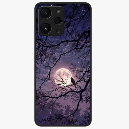 Whispering Moon Silence Glass Case showing flat back view with serene moon themed artwork and glossy glass finish.