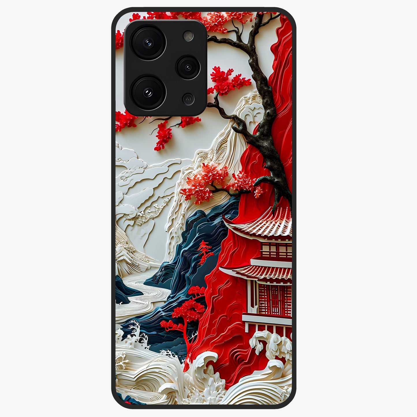Whispers Of Sakura Waves Glass Case showing flat back view with cherry blossom wave artwork and glossy glass finish.