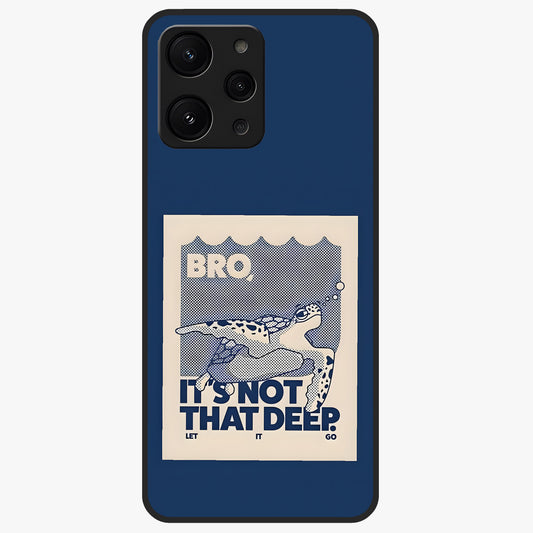 Worry Less Swim Glass Case showing flat back view with playful motivational artwork and glossy glass finish.
