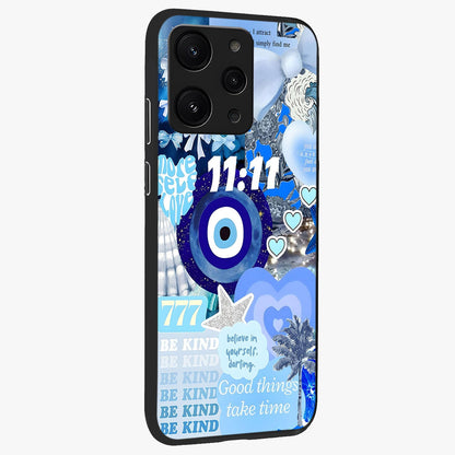 Aesthetic Be Kind Eye Glass Case upright view showcasing stylish eye illustration with positive message theme.