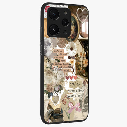 Aesthetic Brown Vintage Collage Glass Case upright view showcasing nostalgic retro artwork with stylish vintage theme.