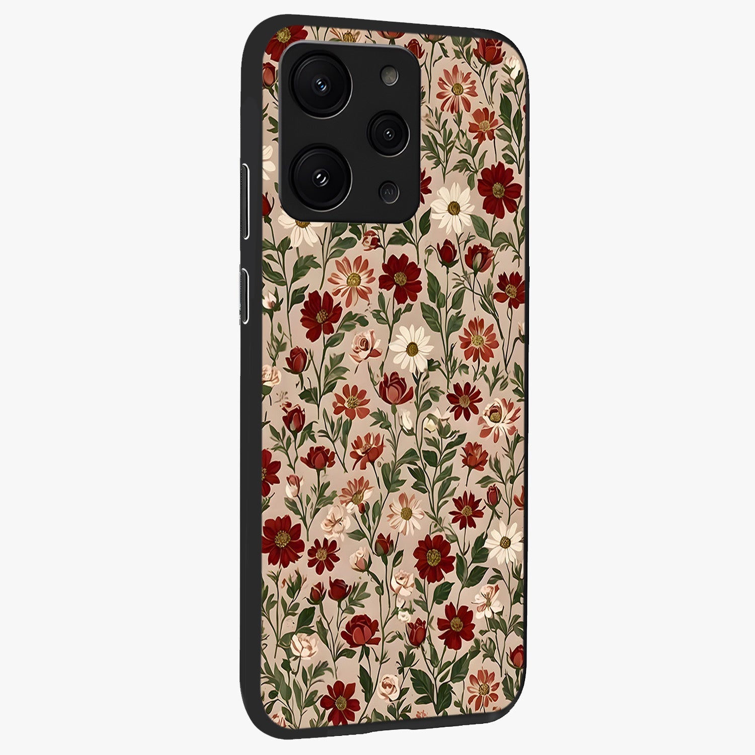 Biege Flower With Leaf Glass Case upright view showcasing delicate beige flower illustration with clean botanical style.
